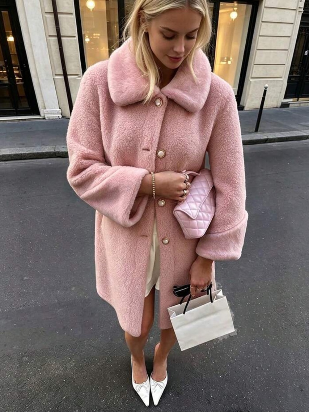 Elegant Sherpa Straight Faux Fur Coat Women Pearl Midi Date Night Afternoon